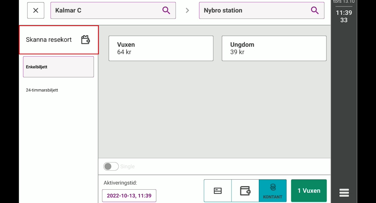 Bild från biljettförsäljningsvyn i biljettsystemet.