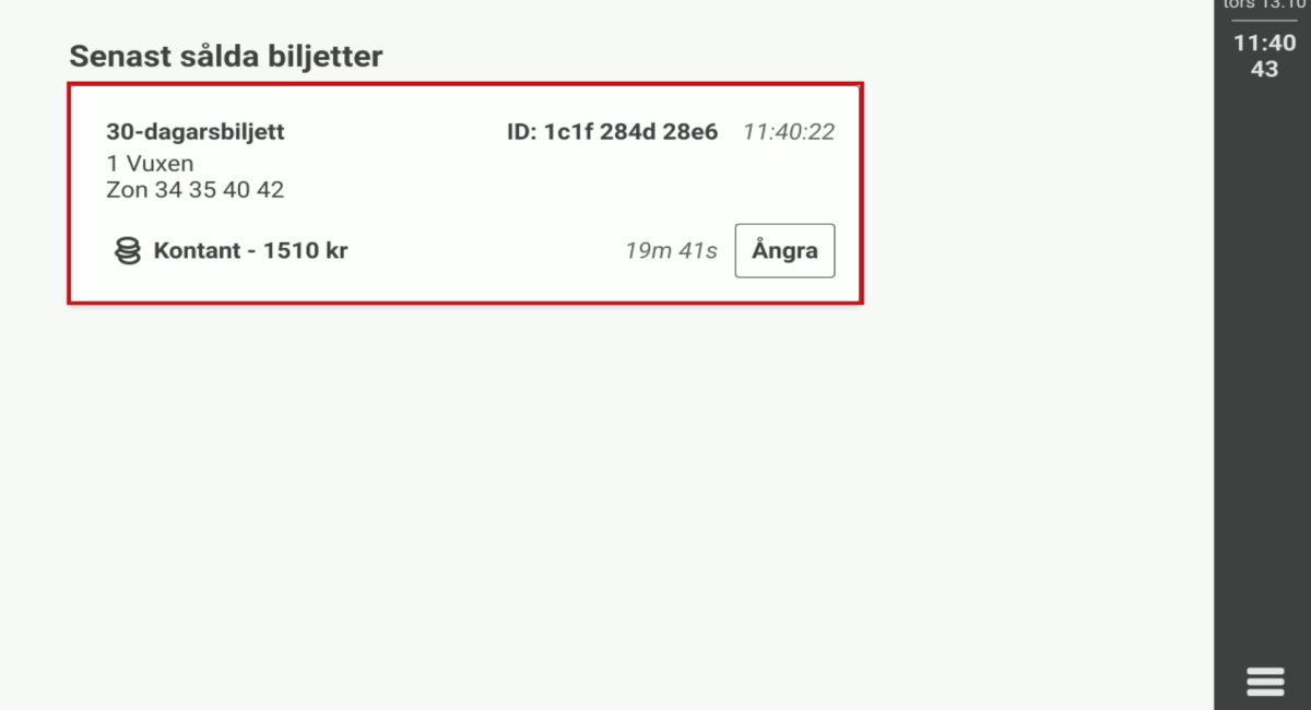 Bild på senast sålda biljetter i biljettsystemet.