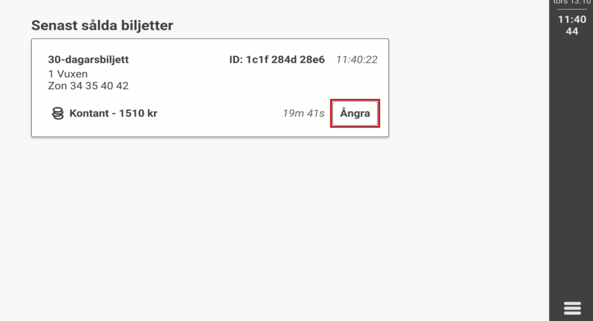 Bild på senast sålda biljetter i biljettsystemet.