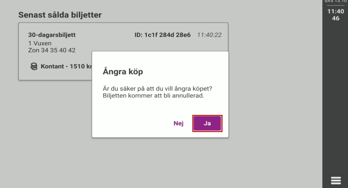 Bild på senast sålda biljetter i biljettsystemet.