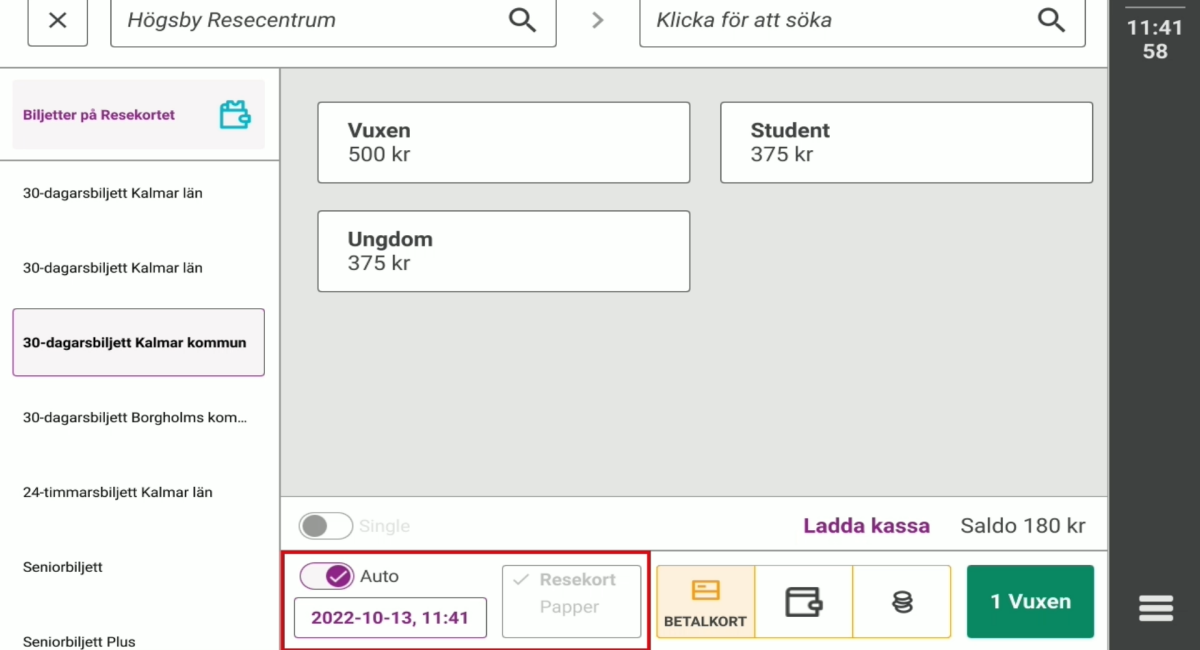 Bild på biljettförsäljningsvyn i biljettsystemet.
