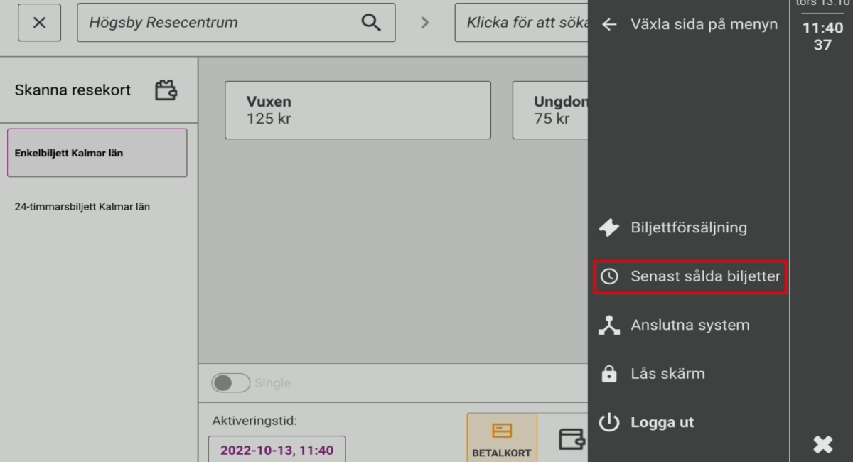 Bild på menyn i biljettsystemet.