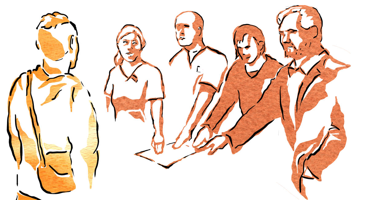 Illustration föreställande en fyra personer som erbjuder ett papper till en femte person.