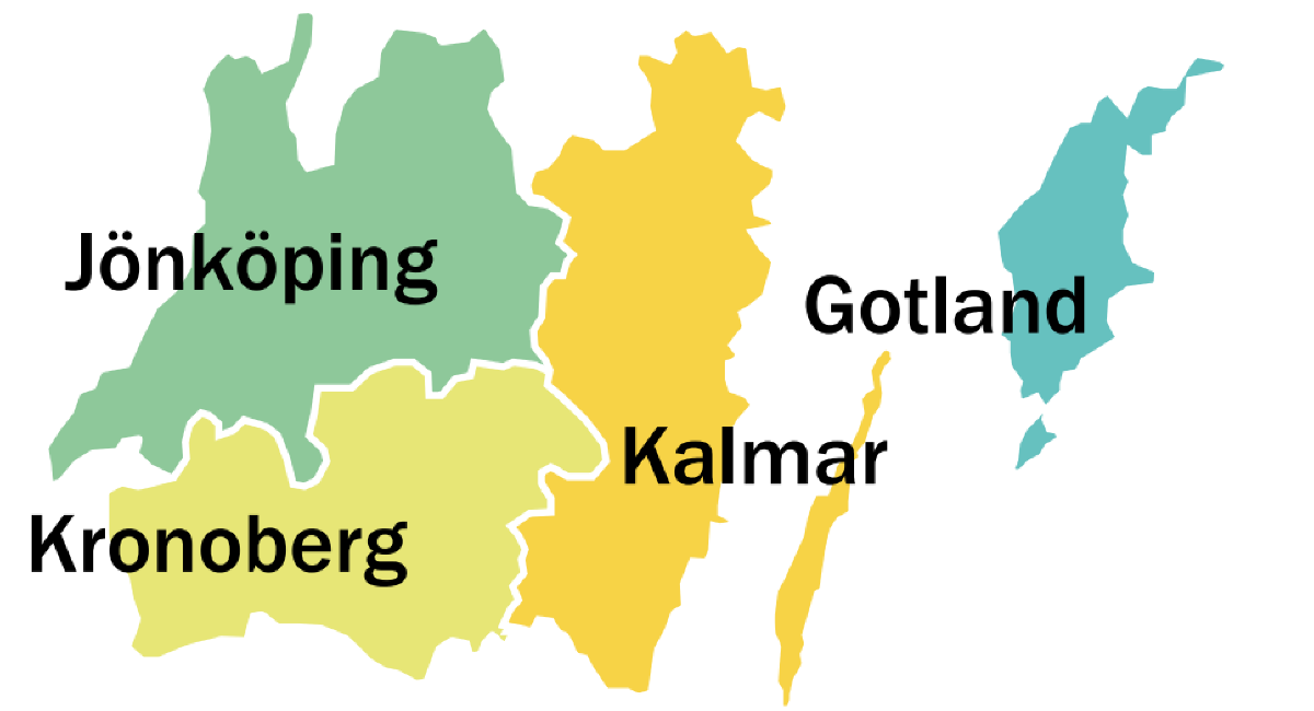 En kartbild över regionerna: Kalmar, Jönköping, Kronoberg och Gotland