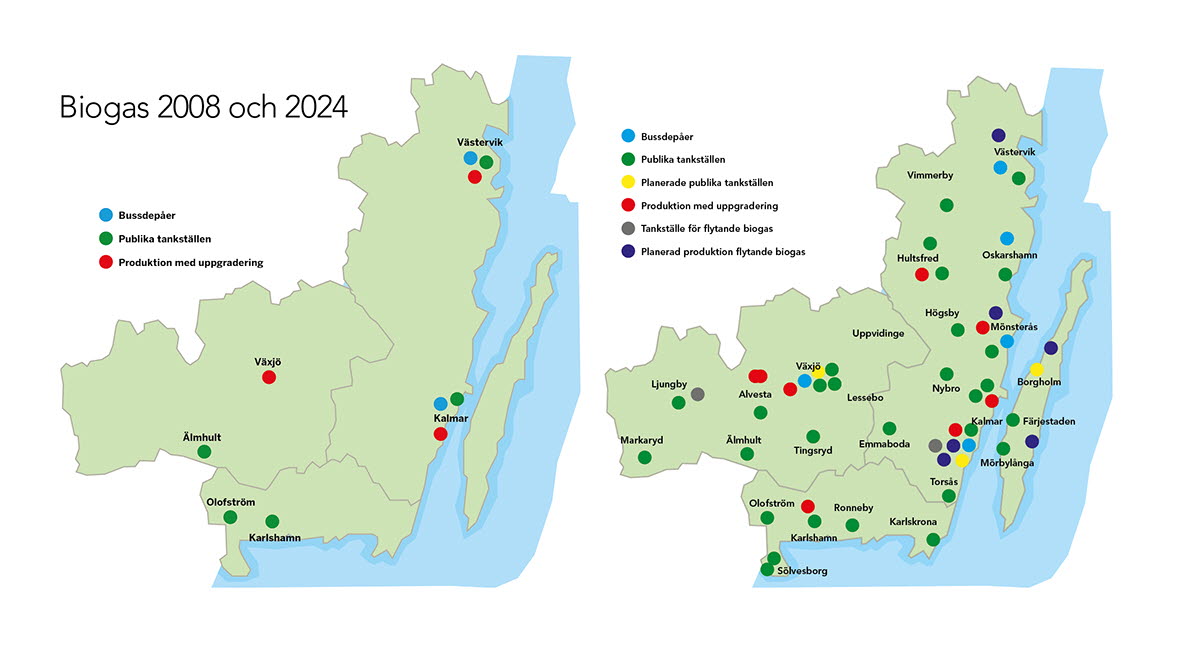 Två kartor, en från 2008 och en från 2024, som visar utvecklingen av biogasbranshen.