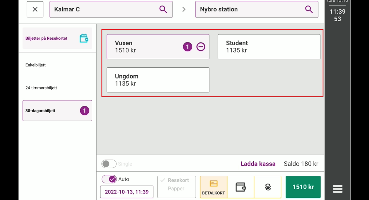 Bild på biljettförsäljningsvyn i biljettsystemet.