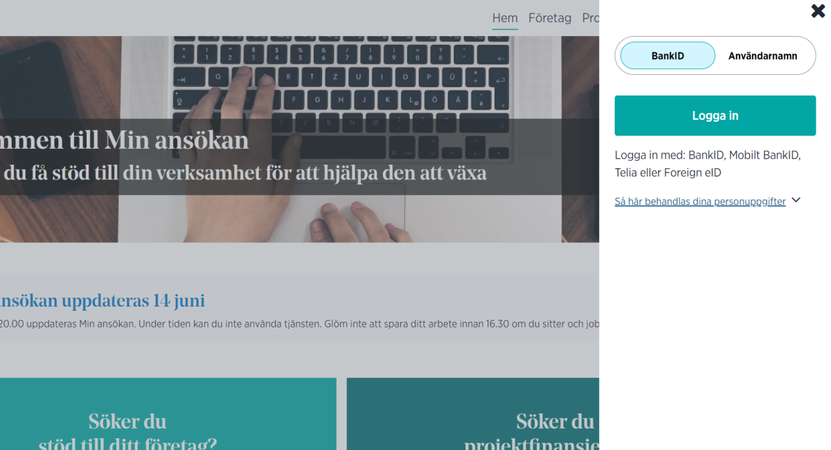 Skärmdump från ansokan.se