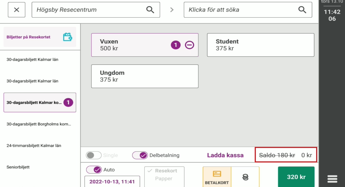 Bild på biljettförsäljningsvyn i biljettsystemet.