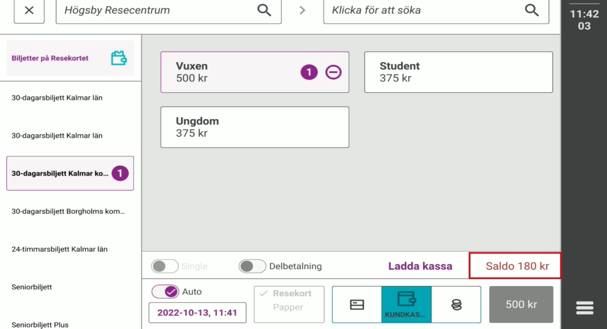 Bild på biljettförsäljningsvyn i biljettsystemet.