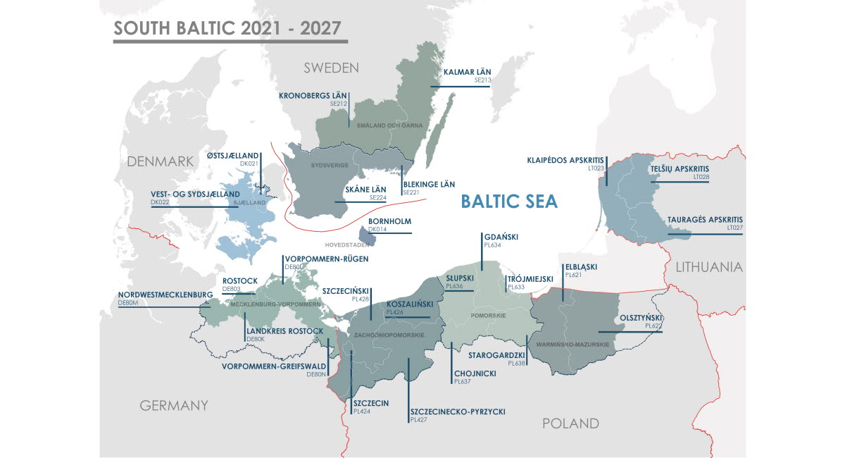 Karta över södra Östersjön som visar Interreg South Baltics omfattning.