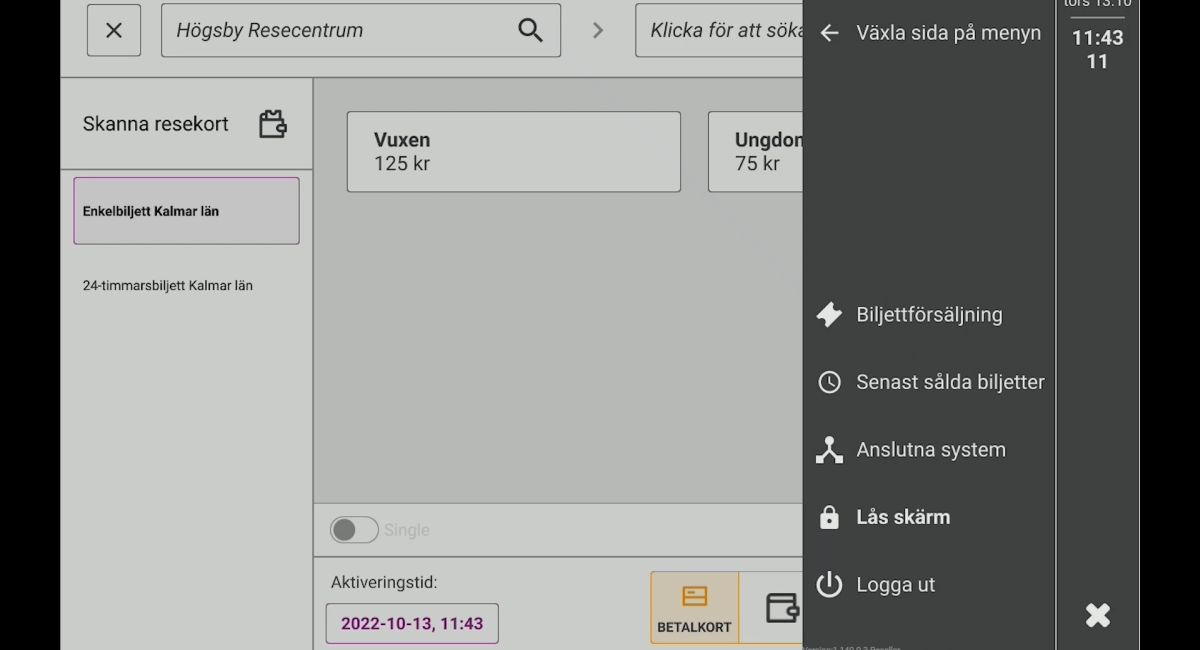 Bild på menyn i biljettsystemet.