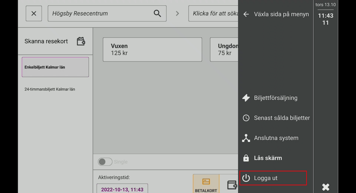 Bild på undermenyn i biljettsystemet.