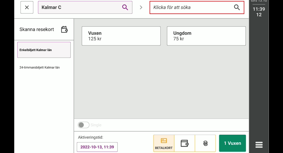 Bild på biljettförsäljningsvyn i biljettsystemet.
