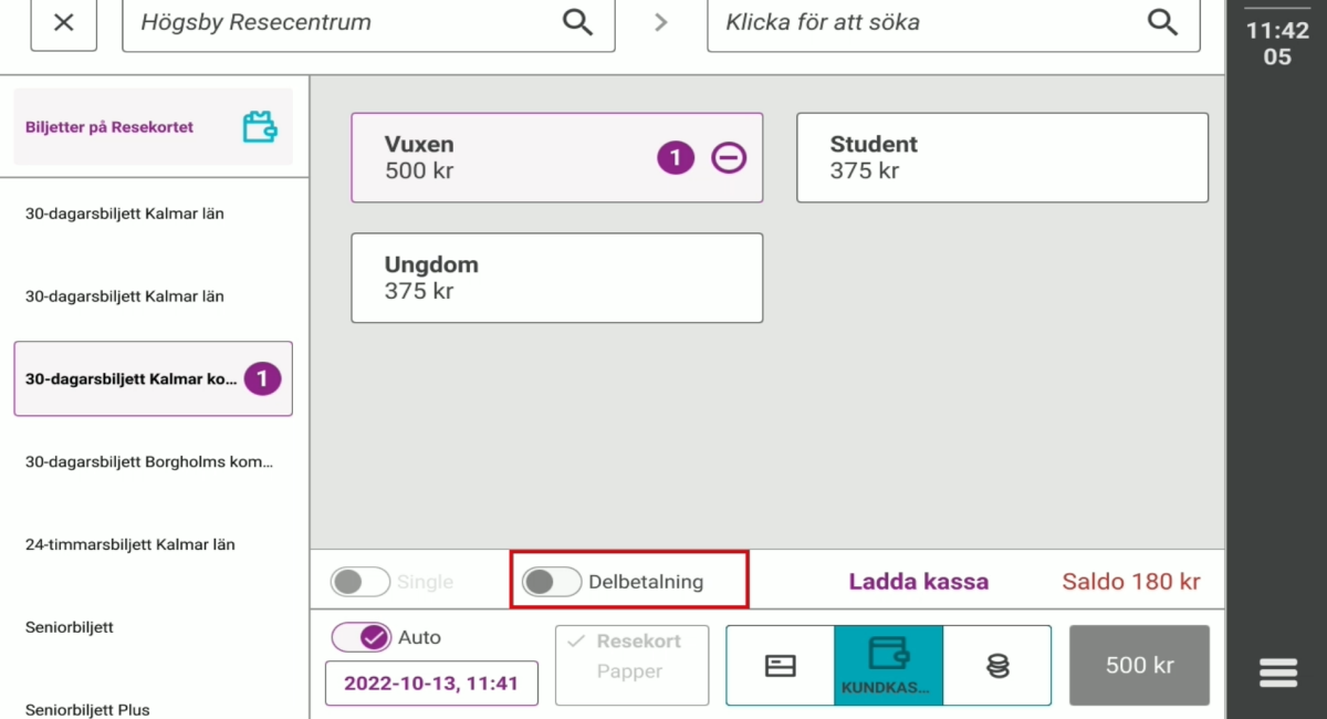 Bild på biljettförsäljningsvyn i biljettsystemet.