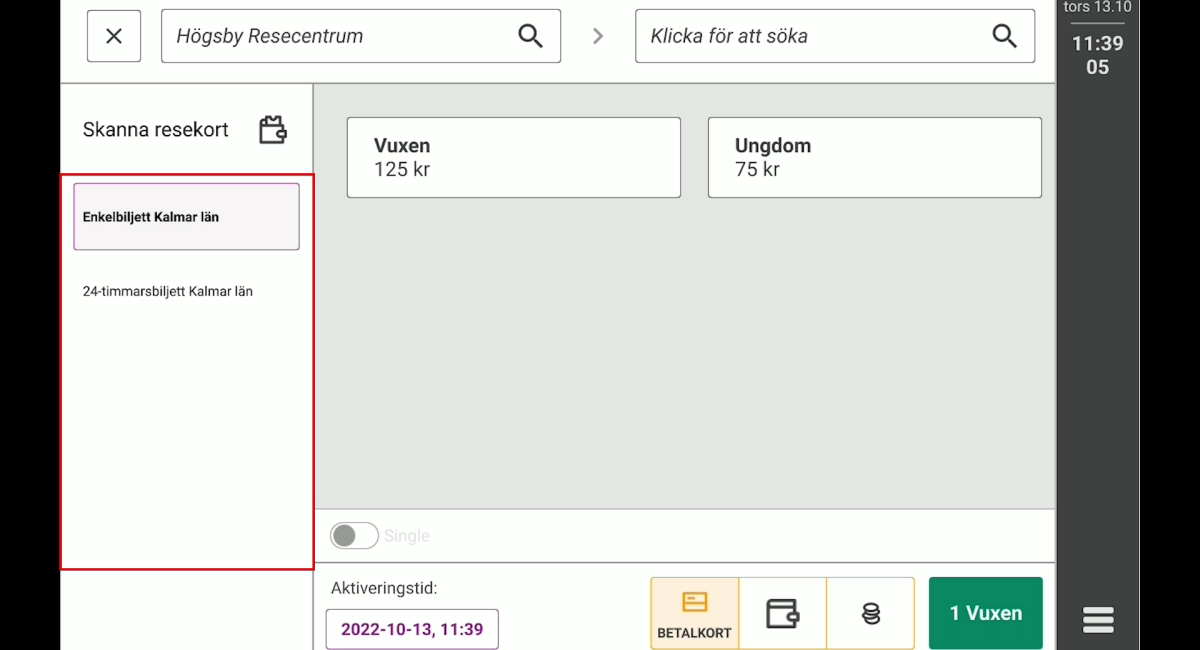 Huvudbilden i försäljningsläget i biljettsystemet.