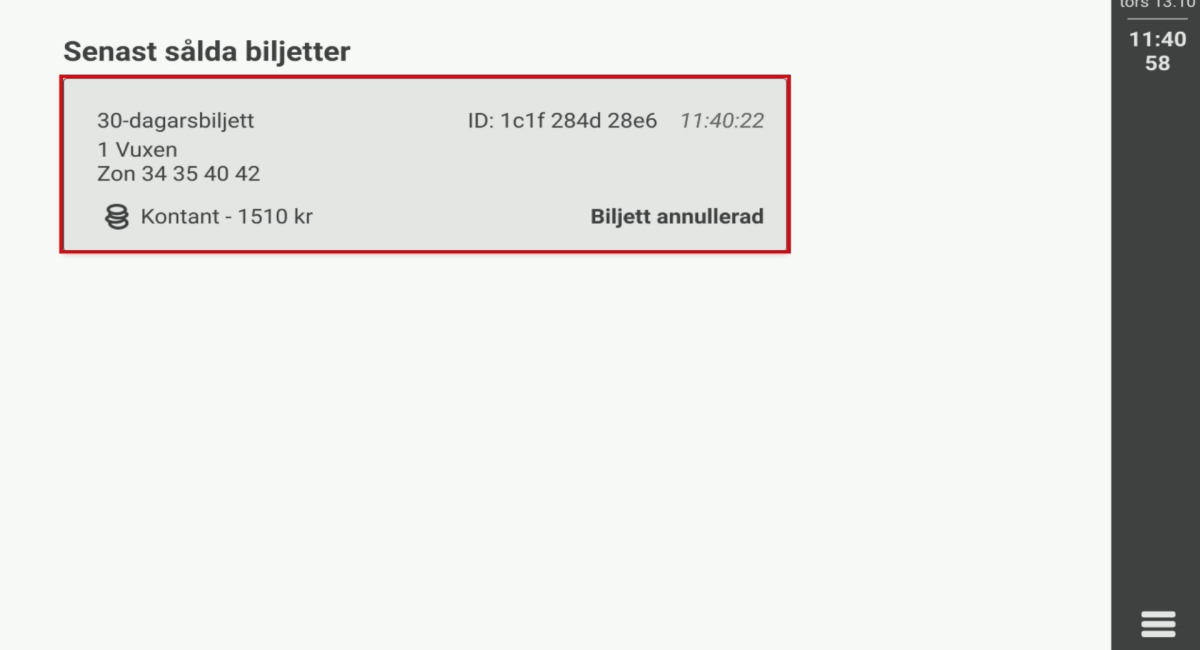 Bild på biljett som är ångrad i biljettsystemet.